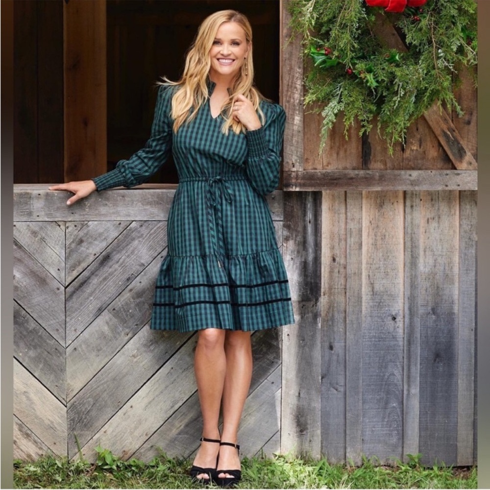 Draper James RSVP Long Sleeve Tiered Plaid Dress Size Medium